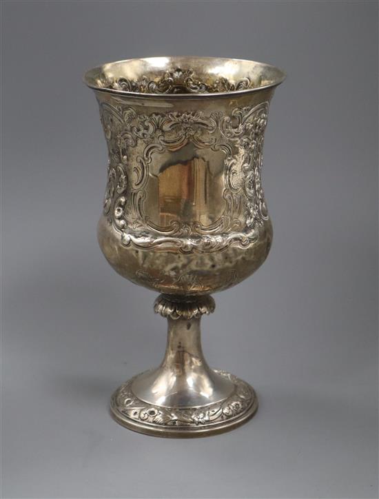 A George IV embossed silver campana shaped cup, J.E. Terry & Co, London, 1829 (stem a.f.), gross 15.5 oz.